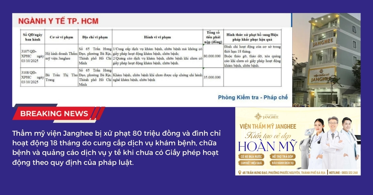 Hộ kinh doanh Thẩm mỹ viện Janghee (số 65 Trần Hưng Đạo, phường Bà Rịa) bị xử phạt